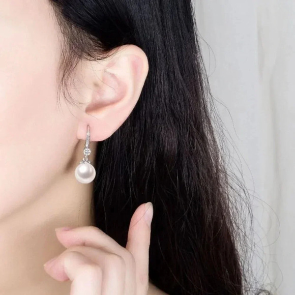 Sterling Silver Diamond 10 MM Pearl Drop Earrings - Picture 5 of 5